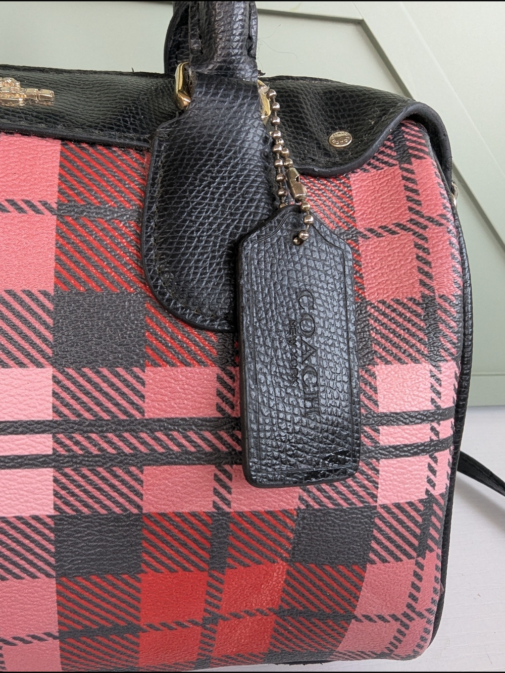 Coach Mini Bennett Satchel featuring a red, pink, andblack Riley Plaid print - Picture 3 of 13